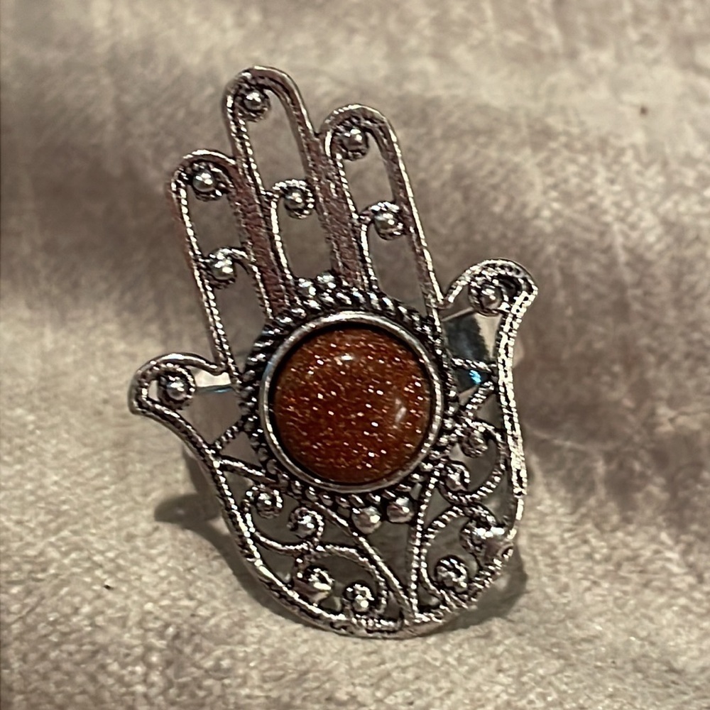 Hamsa Hand Ring Sterling Silver 925 Size 7.5 -9 adjustable sunstone